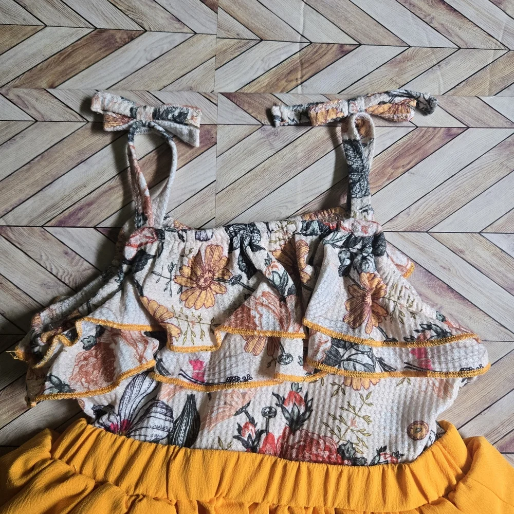Girls Boho Floral Ruffle Outfit Set Mustard Tiered Skirt & Matching Bow Headband